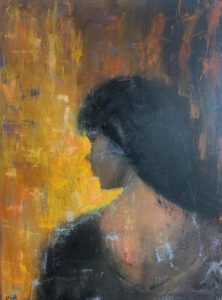 An oil painting of a woman, Back shot, the woman is looking to the left