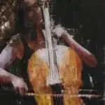 An oil painting of a woman playing on a cello