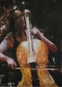 An oil painting of a woman playing on a cello