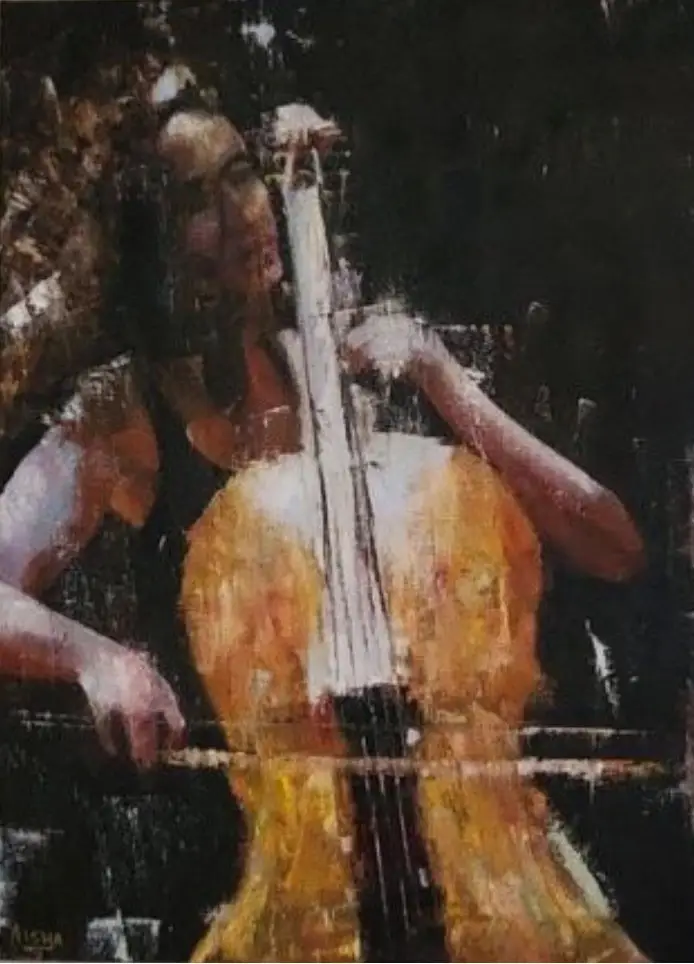 An oil painting of a woman playing on a cello