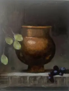A still life painting of a clay vase on the table