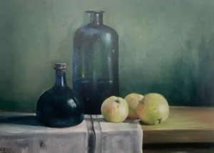 Still life painting of three apples on a table next to an old glass water bottle