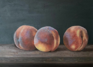 Still life painting of three peaches
