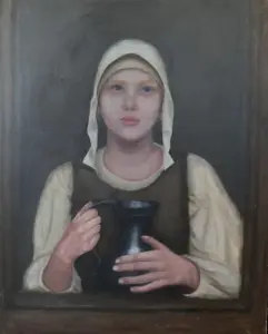 an oil painting portraying a maiden holding an old vase