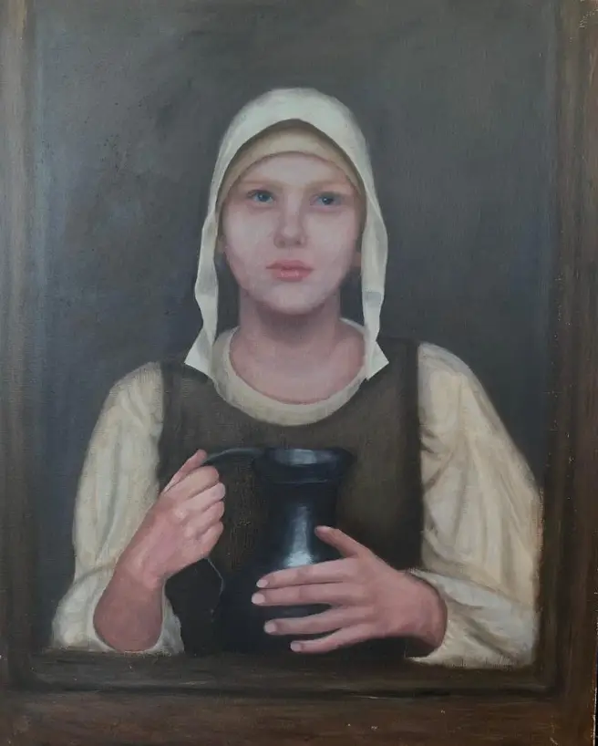 an oil painting portraying a maiden holding an old vase