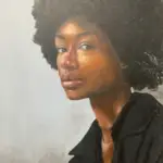 An oil painting of a woman with an afro