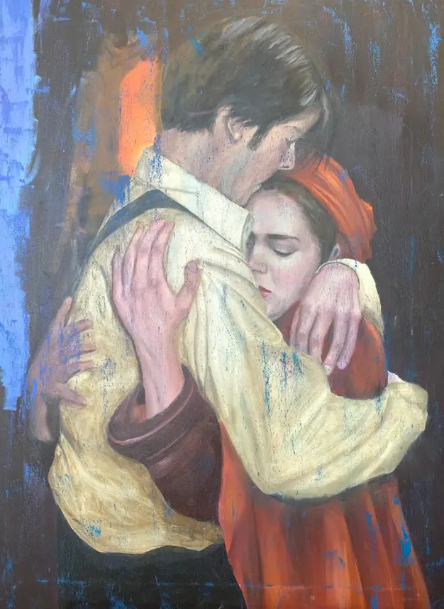 An oil painting of a couple hugging